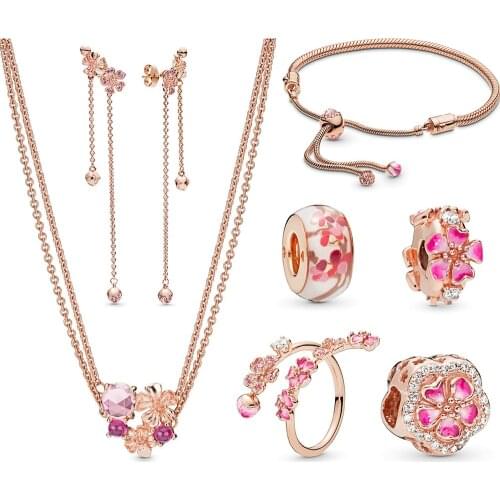 2019 NEW 100% 925 Sterling Silver Rose Gold Plant Colorful Cool Flower Pattern Charm Fit European DIY Bracelet Jewelry Women