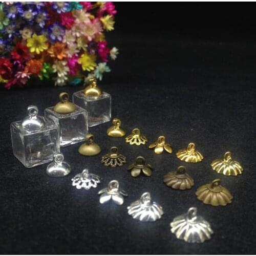 300pcs 13mm wholesale square shape glass globe bubble 8mm metal cap DIY Glass bottle vial pendant necklace jewelry accessories