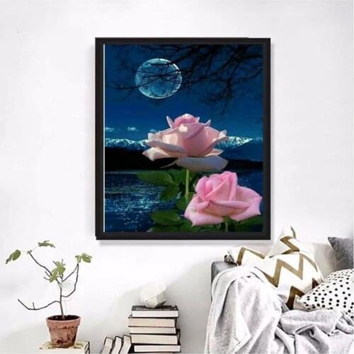 New 5D DIY Full Square / Round Diamond Painting Lotus Moon Lake Cross Stitch Mosaic Landscape Home Decoration Painting