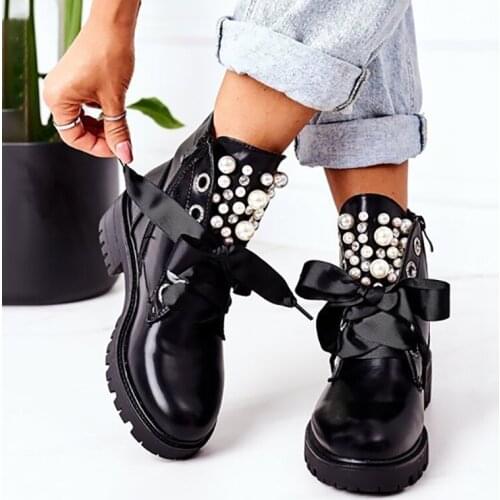 Fashion Women Ankle Boots Comfy New Motorcycle Biker Pearl Platform High Heels Round Toe Zip Cross-Tied Ladies Casual Shoes 2021