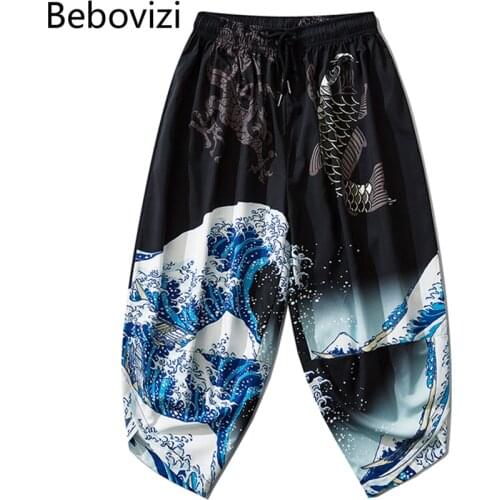 Harajuku Waves Print Casual Trousers Women Men Traditional Asian Clothing Japanese Kimono Pants Vintage Tokyo Bloom Pants