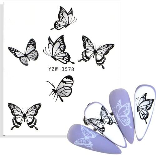 Black White Butterfly Sliders Nail Decal Sticker Summer Nail Art Decoration Water Tattoo Manicure Watermark Decals For DIY Nails