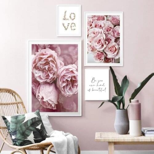 Nordic Girl Home Decoration Pink Flower Feather Love Letter Poster and Print Canvas Painting Wall Art Decoration for Living Room