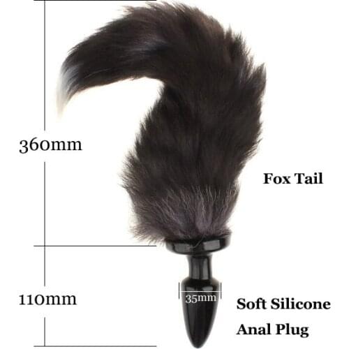 Fetish Black Silicone Anal Plug Tail, Animal RolePlay Cat Tail Cosplay, Butt Plug with Realistic Fox Tail Sex Products, Sex Toys