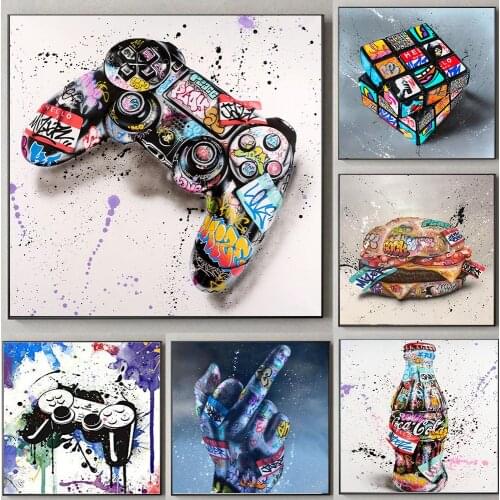Graffiti Art Gamepad and Rubiks Cube Canvas Art Posters and Print Abstract Game Handle Canvas Paintings on The Wall Decor