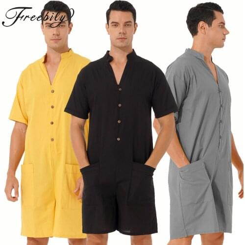 Men Bodysuit Romper Sleepwear Loose Breathable Casual Jumpsuit Catsuit Homewear Nightwear