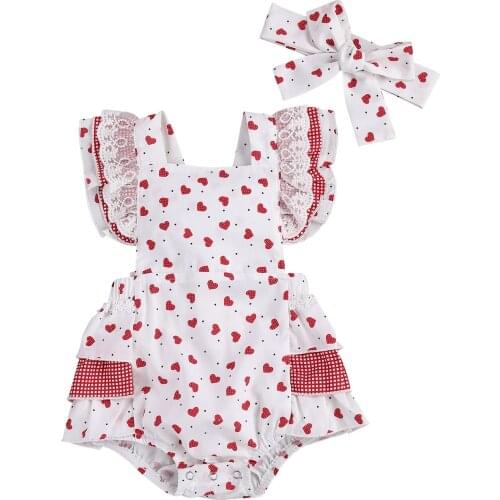 Valentines Day Infant Baby Girls Bodysuits Headband 2pcs Heart Print Ruffles Short Sleeve Backless Jumpsuits