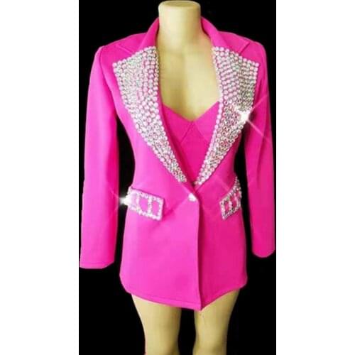 Bra+Shorts+Coat 3 Pieces Set Sparkly Silver Rhinestones Suit Women Singer Dancer Birthday Prom Stage Evening Bar Outfit Set