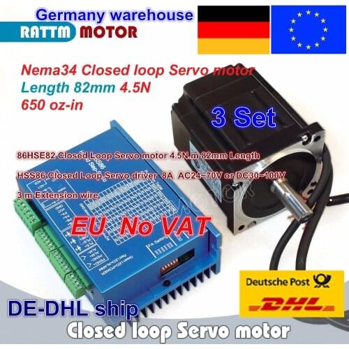 【EU ship】 3 Sets Nema34 4.5N.m Closed Loop Servo motor Motor Kits 82mm 6A & HSS86 Hybrid Step-servo Driver 8A CNC Controller Kit