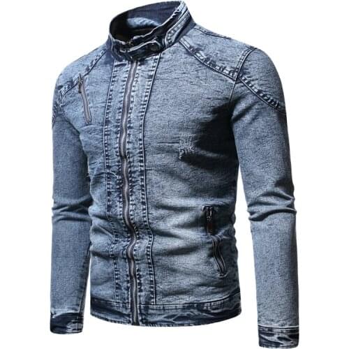 Trendy Plus Velvet Denim Jacket Men Stand Collar Solid Color Retro Slim Fit Mens Jacket New Autumn Streetwear Mens Jackets