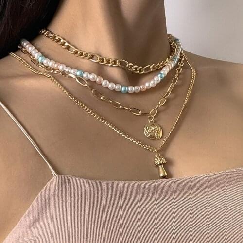 Fashion Metal Geometric Necklaces Womens Vintage Imitation Pearl Beaded Little Mushroom Pendant Necklaces Jewelry for Girls