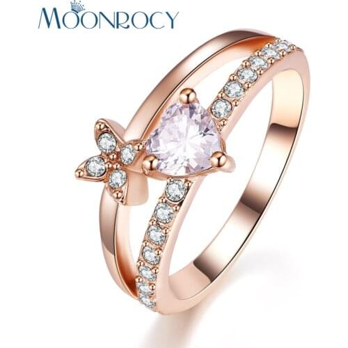 MOONROCY Heart Wedding Rings Rose Gold Color Simple Jewelry Wholesale Cubic Zirconia Crystal Rings for Women Dropshipping