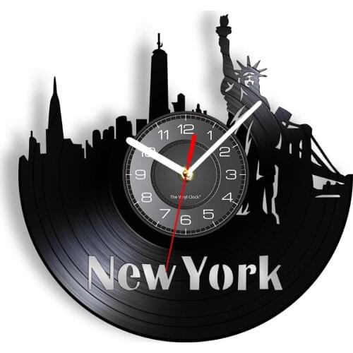 New York Landscape Wall Clock Made Of Real Vinyl Record American Landmarks Vintage Design Illuminated Clock Vinyl Art-Wall Decor