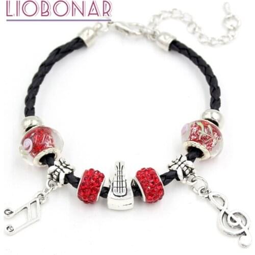 New Braid Leather Bracelet Red Lampwork Murano Glass Bead Guitar Music Note Charm Bracelet for women Jewelry Gift Bijoux Pulsera