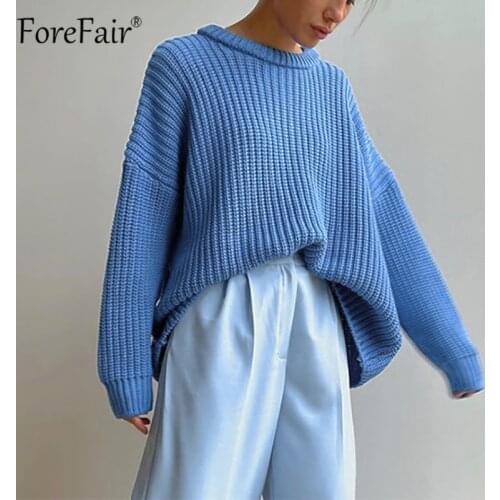 Forefair 2021 Autumn Winter Women Loose Sweater Tops O Neck Long Sleeve Green Fashion Casual Basic Knitted Oversized Pullovers