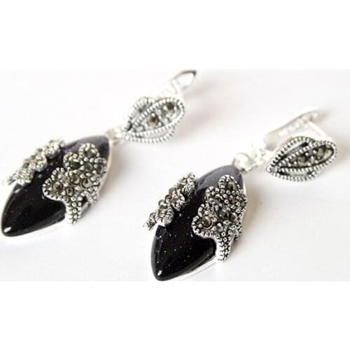 BLUE SANDSTONE MARCASITE FLOWER PIERCING 925 STERLING SILVER EARRINGS 1.5"