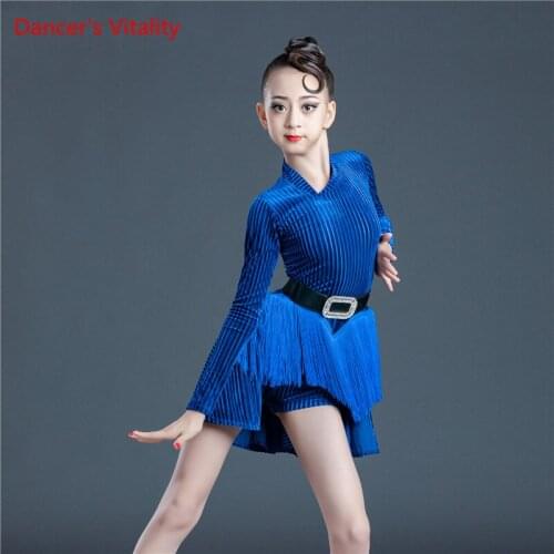 Latin dance dress female childrens high-end long-sleeve tassel dancewear professional competition practice clothes