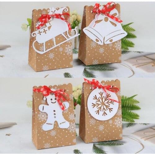 12pcs Snowflake Kraft Paper Candy Box Favor Gift Bags With Ribbon Guests Cookie Packaging Box Merry Christmas Party Decoration