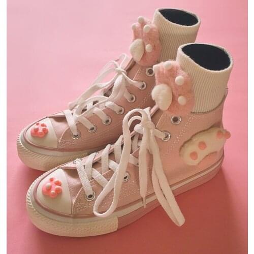 2019 Cat Girl Ins Popular Pink Cute Canvas Shoes High Top Sneakers With Socks
