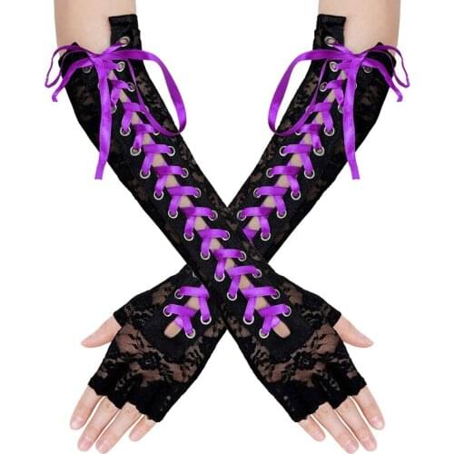 Sexy Lace Tie Womens Gloves Long Fashion Gothic Ribbon Rivet Half-Finger Ceremonial Ball Gloves Nightclub Hip Hop Long Mittens