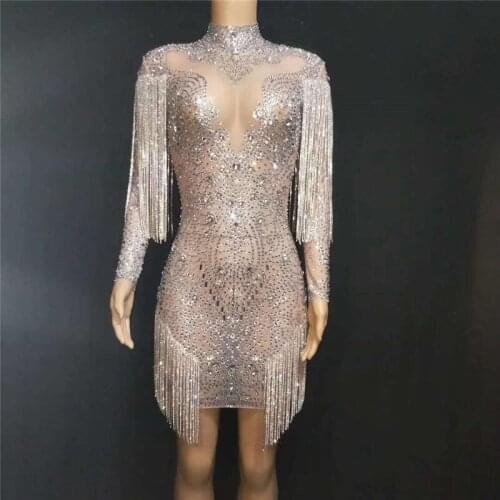 T99 Women pole dance sexy dress singer perform long sleeve tassel outfit rhinestone tights diamonds costume mesh skirt skinny ds