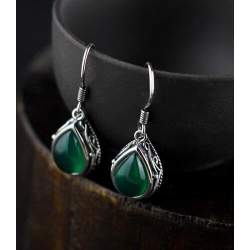 Real 925 Sterling Silver Drop Earrings Vintage Earrings For Women Natural Green Stone Jewelry Long Hanging Earrings Set Female