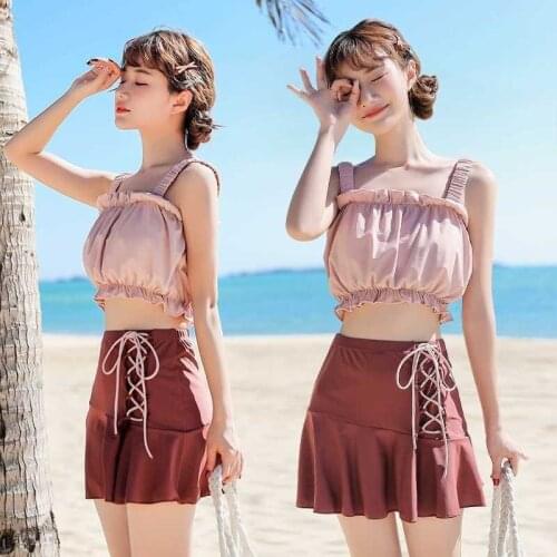 High Waist Bikini Womens Swimwear 2021 Cute Ruffles Ruched Skirt Bikini Push Up Swimsuit Bathing Suit Beach Monokini White Pink
