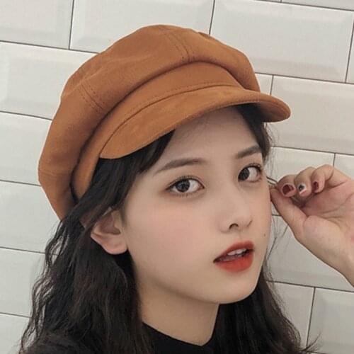 Womens Autumn and Winter Berets Version of British Painters Elegant Retro Deerskin Velvet Postman Octagonal Beret with Brim