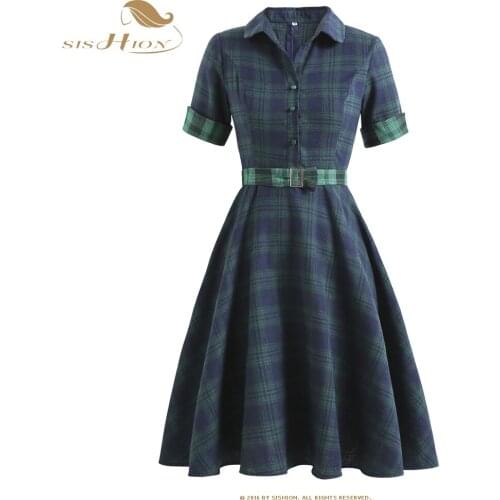 Elegant Vintage Pinup Swing Women Dress Turn Down Collar Plaid England Style Business Party Flare A-Line Retro Dresses VD1681