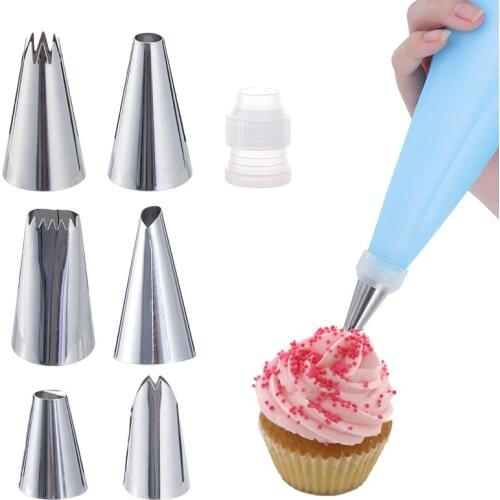 8 PCS/Set Silicone Kitchen Accessories Icing Piping Cream Pastry Bag + 6 Stainless Steel Nozzle Set DIY Cake Decorating Tips Set