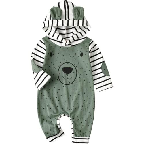 Baby Cartoon Rompers, Dots Stripe Hooded Long Sleeves Jumpsuits with Buttons for Toddler Girls, Boys, Green
