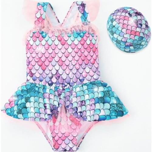 One Piece Bodysuit Swimsuit Mermaid Swimwear with Swimming Cap For Kids