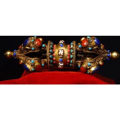 Home Decor 8" Tibet Buddhism Temple Old Tibetan silver mosaic Gem Dzi Bead Old magic weapon Dorje Vajra Phurba Dagger Holder