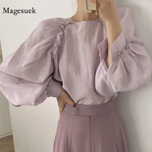 Korean Casual Loose Solid Color Tops 2021 Summer White Blouse Long-sleeved O-neck Temperament Shirt Ruffle Fashion Shirt 14091