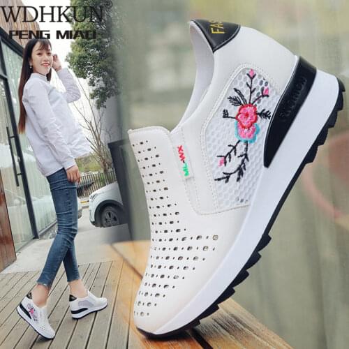 Women Casual Shoes Summer Spring Slip on Loafers Flower Mixed Colors Hollow Out Increasing Internal Height White Sneakers 35-40