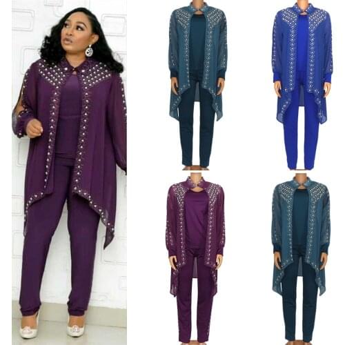 Hot Drillong Beads Chiffon Women African Clothes 3 Pieces Outfits Kanga Clothing Suits Tops Vest Pants Africa Sets 2021 Fashion