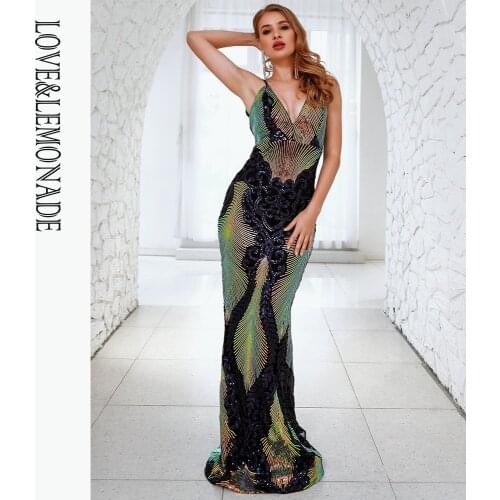 LOVE&LEMONADE Sexy V-Neck Low Back Color Geometric Elastic Sequins Bodycon Maxi Dress LM80386-A