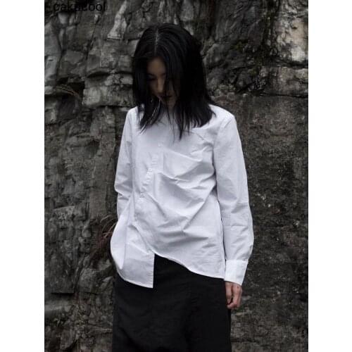 2019 Spring and Summer New Neutral BF Wind Folding Stand Collar Couples Men and Women Leisure Irregular White Long Sleeved Shirt