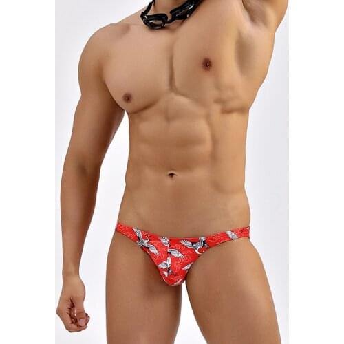 Red crane print men beach sexy low waist swimwear 2021 summer men tight swimming swimsuits swim briefs surf bikinis small size