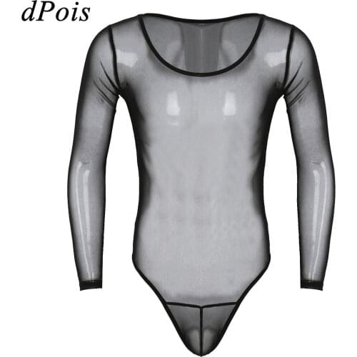 Men Sexy Bodysuit Perspective One Piece Swimsuit O Neck Harness Tights Long Sleeve Leotard Body Suit Nightwear Mesh Lingerie