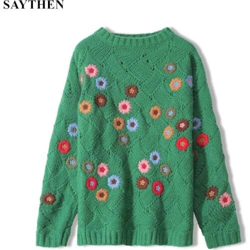 SAYTHEN New Autumn Embroidery Flower Blouse, Long-Sleeved Round Neck Loose Green Sweet Sweater
