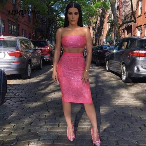 2020 New Womens Body Fitting Diamond Bandage 2 Piece Vestidos Sexy Sleeveless Top Short High Waist Knee Skirt Club Party Set