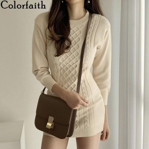 Colorfaith New 2021 Women Dresses Autumn Winter Elegant Package Hip Cutout Pencil Vintage Ladies Knitted Mini Dresses DR7778
