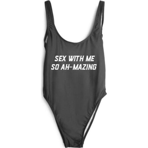 SEX WITH ME SO AH-MAZING Funny letter print One-Piece Swimwear Women Sexy low back Bodysuit bathing suit jumpsuit beachewar