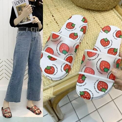 2021 Summer Women Bathroom Slippers Fruit Pattern Thick Bottom Non-slip Flat-with Beach Female Slides Casual Student Bath Shoes