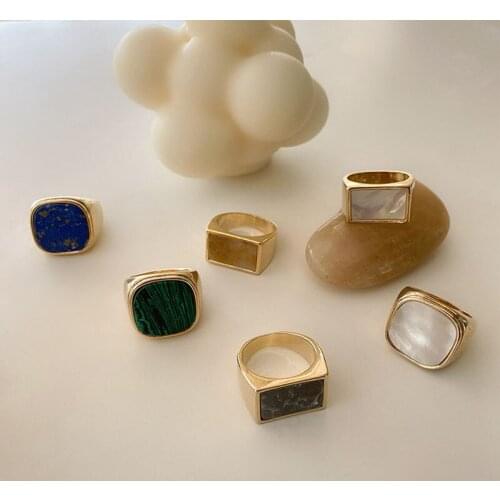 SRCOI New Vintage Geometric Round Shell Ring Simple Metal Square Marble Ring For Women Girls Party Fashion Jewelry Gift 2021