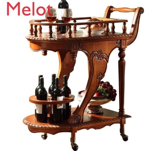 American-Style Solid Wood Dining Car Retro Drinks Trolley European-Style Storage Small Dining Car Hotel Tea Weagon Kitchen