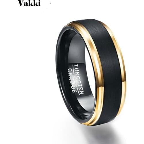 VAKKI Classic Black Men Rings Tungsten Gold-Color Wedding Engagement Ring Tungsten Carbon Steel Ring Wedding Bands