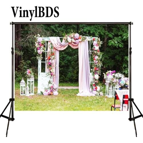 VinylBDS Photography Backdrop Flower Wedding Background White Door and Pink Curtain Backdrop Outdoor Scenery Photo for Photocall