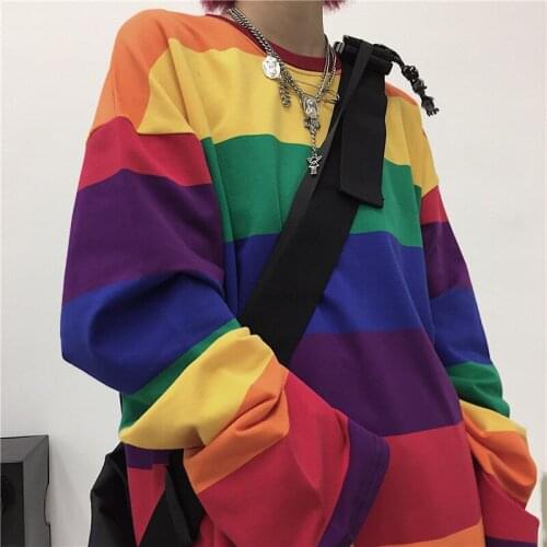 Rainbow Striped T Shirt Women Casual Oversized T Shirts Long Sleeve O Neck Tee Ladies High Street Tops Loose Harajuku T Shirts